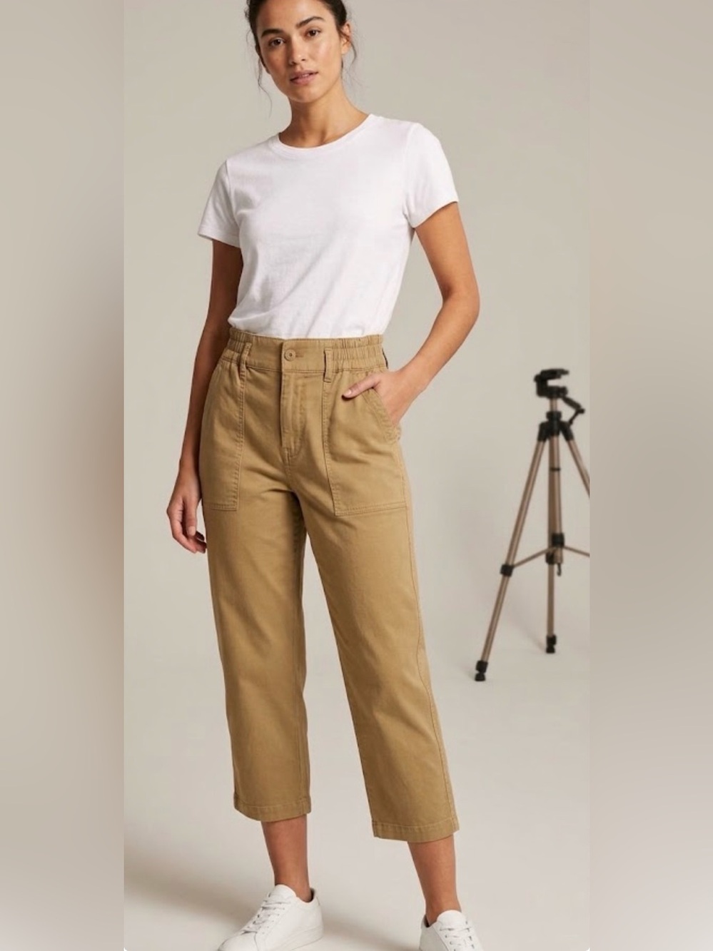 CAbi Cropped High-Rise Utility Jeans in Khaki